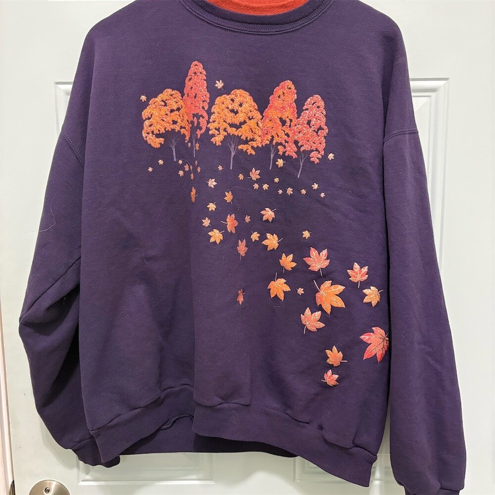 Morning Sun Sweatshirt Womens XL Purple Fall Leaves Trees Crew Neck